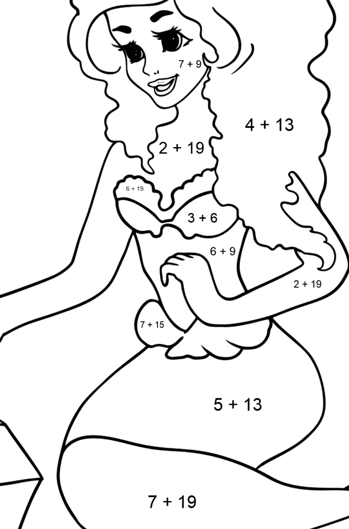Ausmalbild Meerjungfrau und Brust - Mathe Ausmalbilder - Addition für Kinder