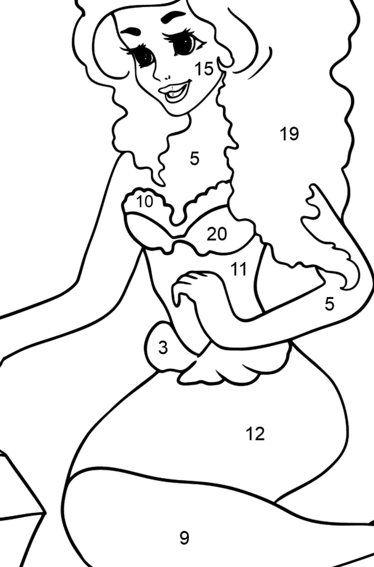 Ausmalbild Meerjungfrau und Brust - Malen nach Zahlen für Kinder