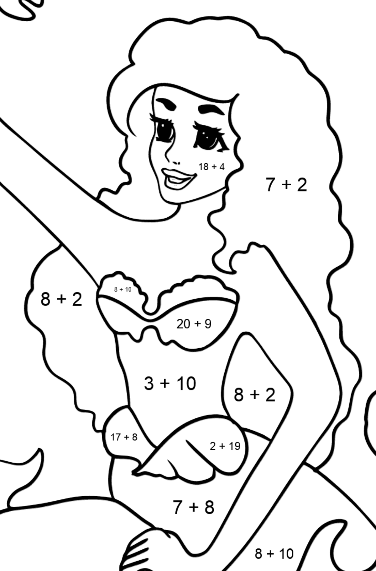 Coloring Page Mermaid and Crab - Math Coloring - Addition for Kids