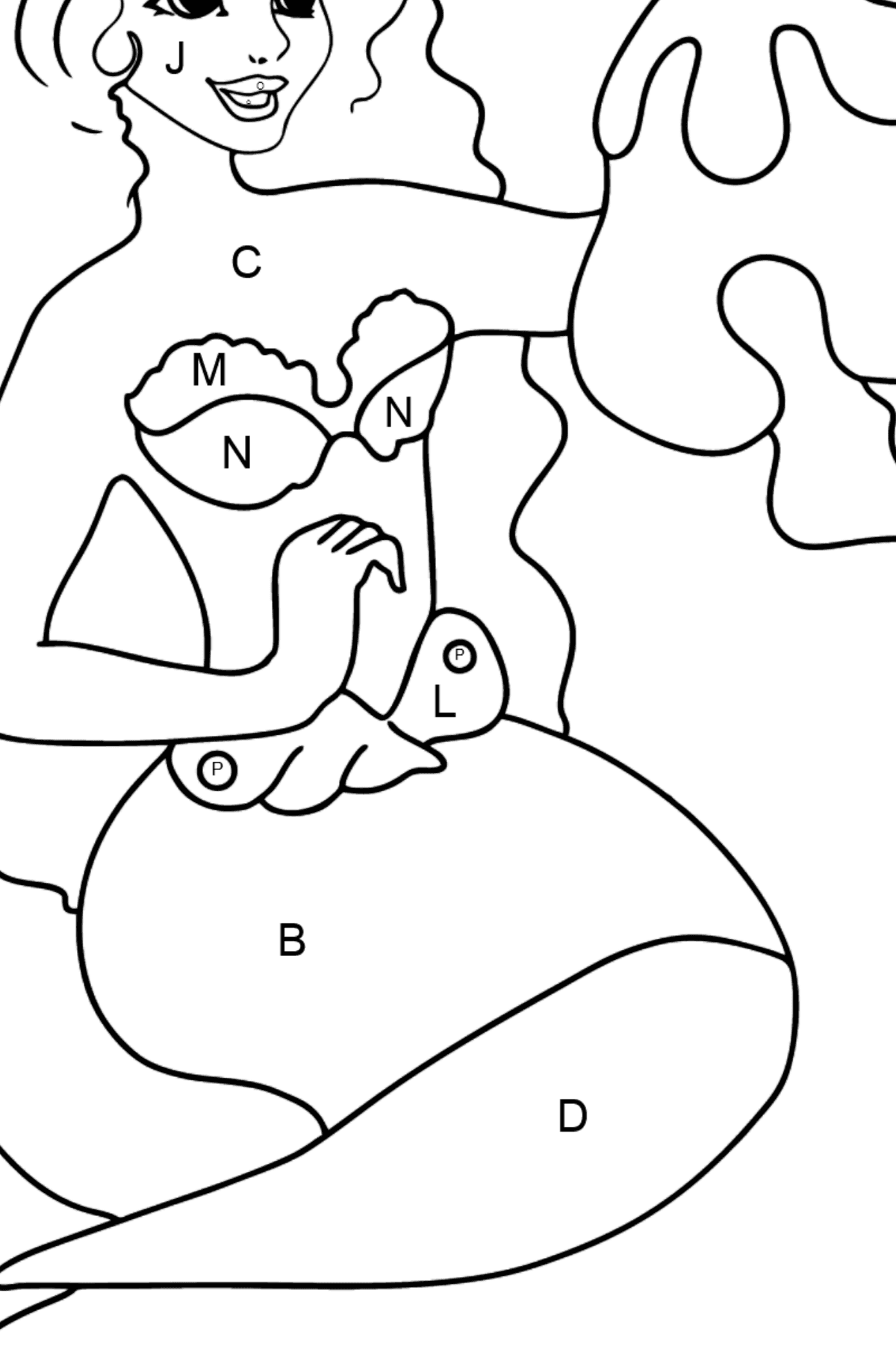 Dibujo para colorear Sirena y Medusa - Colorear por Letras para Niños