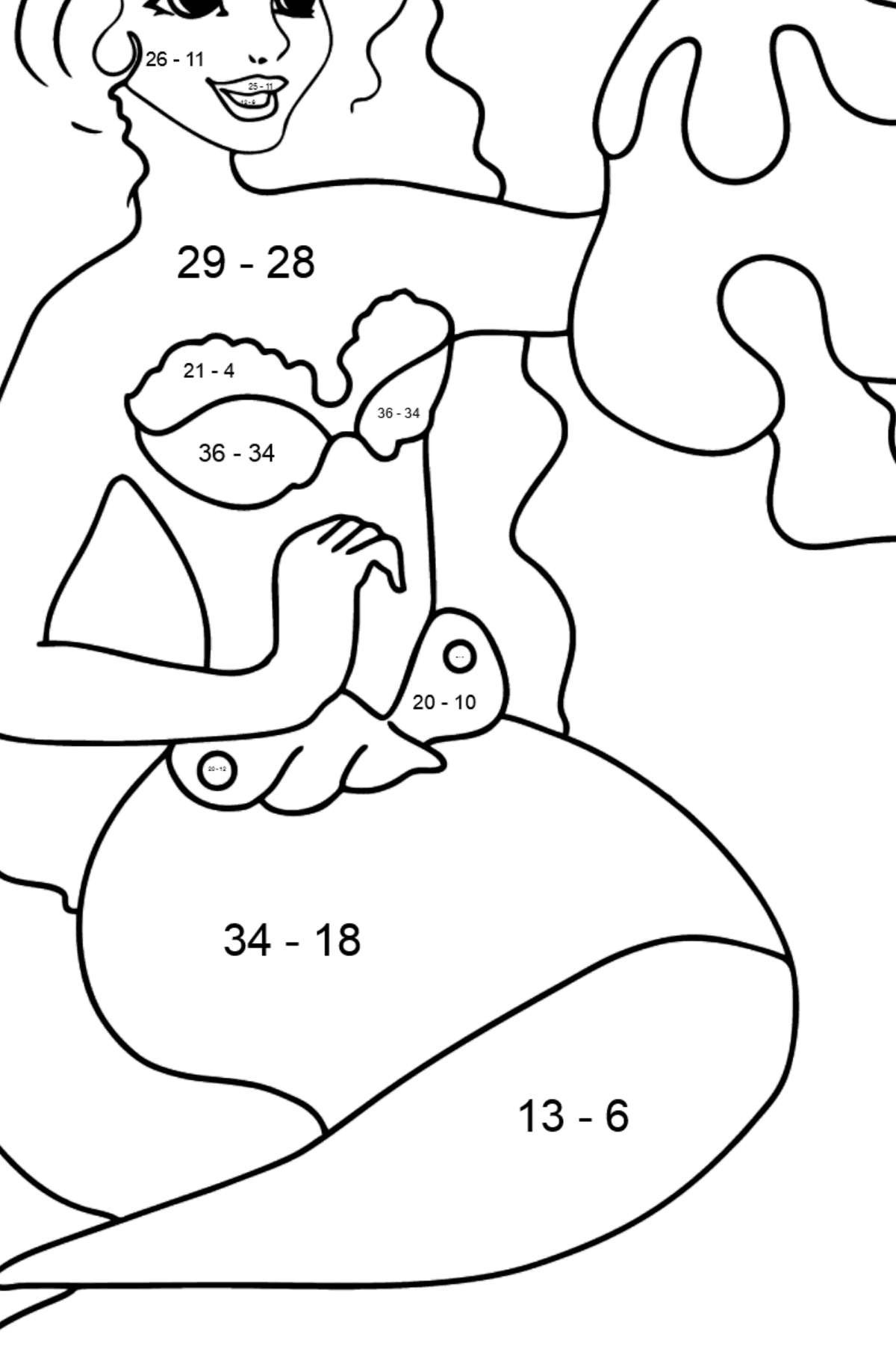 Dibujo para colorear Sirena y Medusa - Colorear con Matemáticas - Restas para Niños