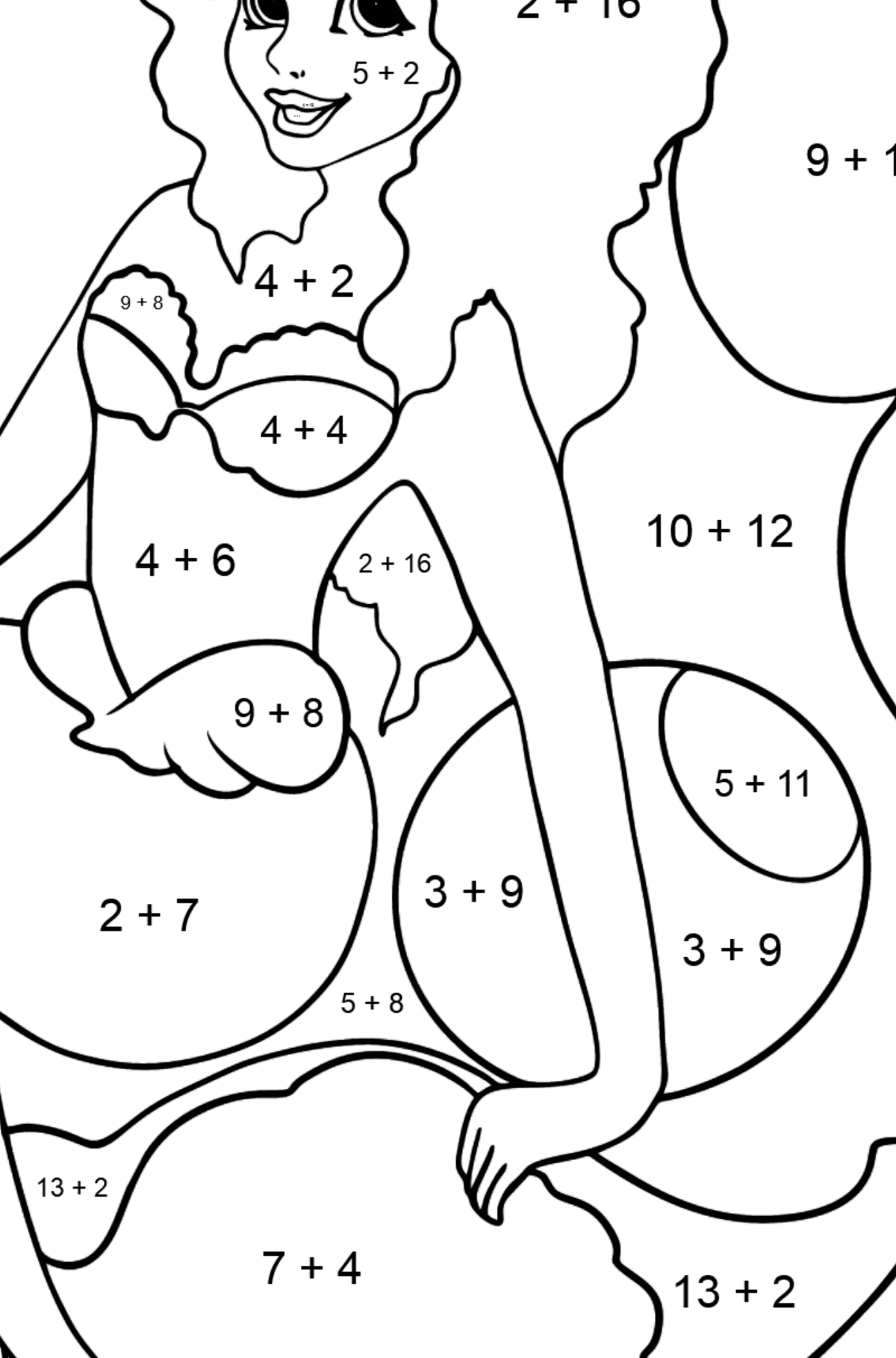 Dibujo para colorear Sirena y concha - Colorear con Matemáticas - Sumas para Niños