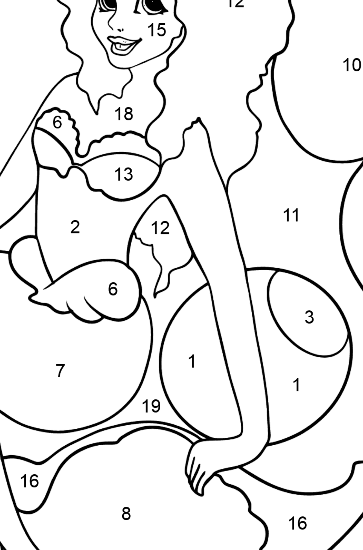 Dibujo para colorear Sirena y concha - Colorear por Números para Niños