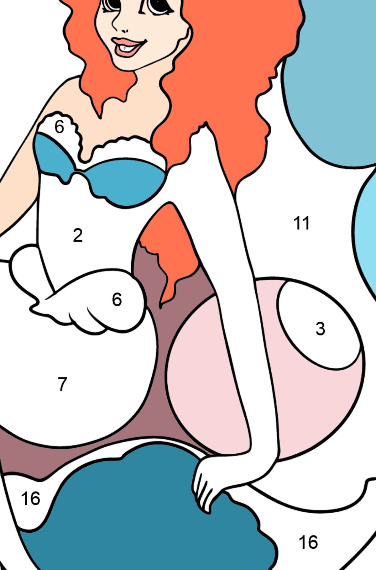 Malvorlagen Meerjungfrau und Muschel - Malen nach Zahlen für Kinder