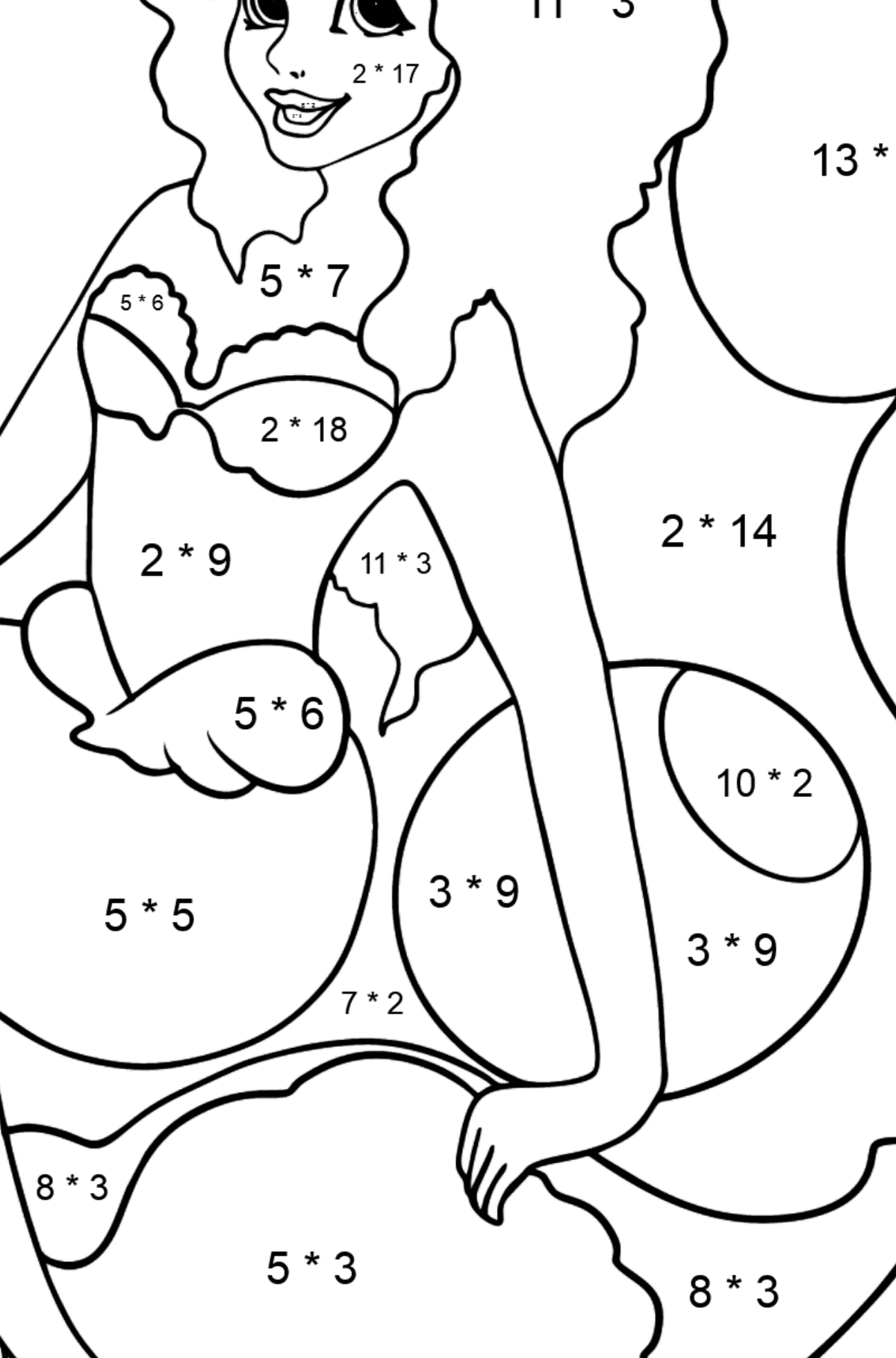 Dibujo para colorear Sirena y concha - Colorear con Matemáticas - Multiplicaciones para Niños