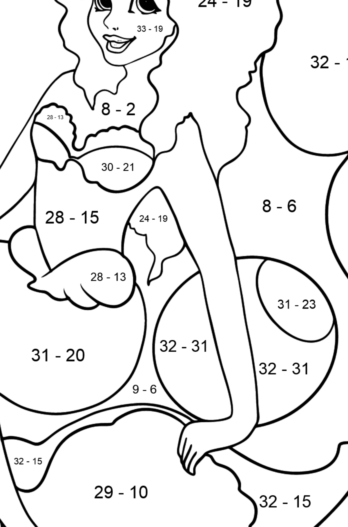 Urocza kolorowanka syrenka - Kolorowanki matematyczne odejmowanie dla dzieci