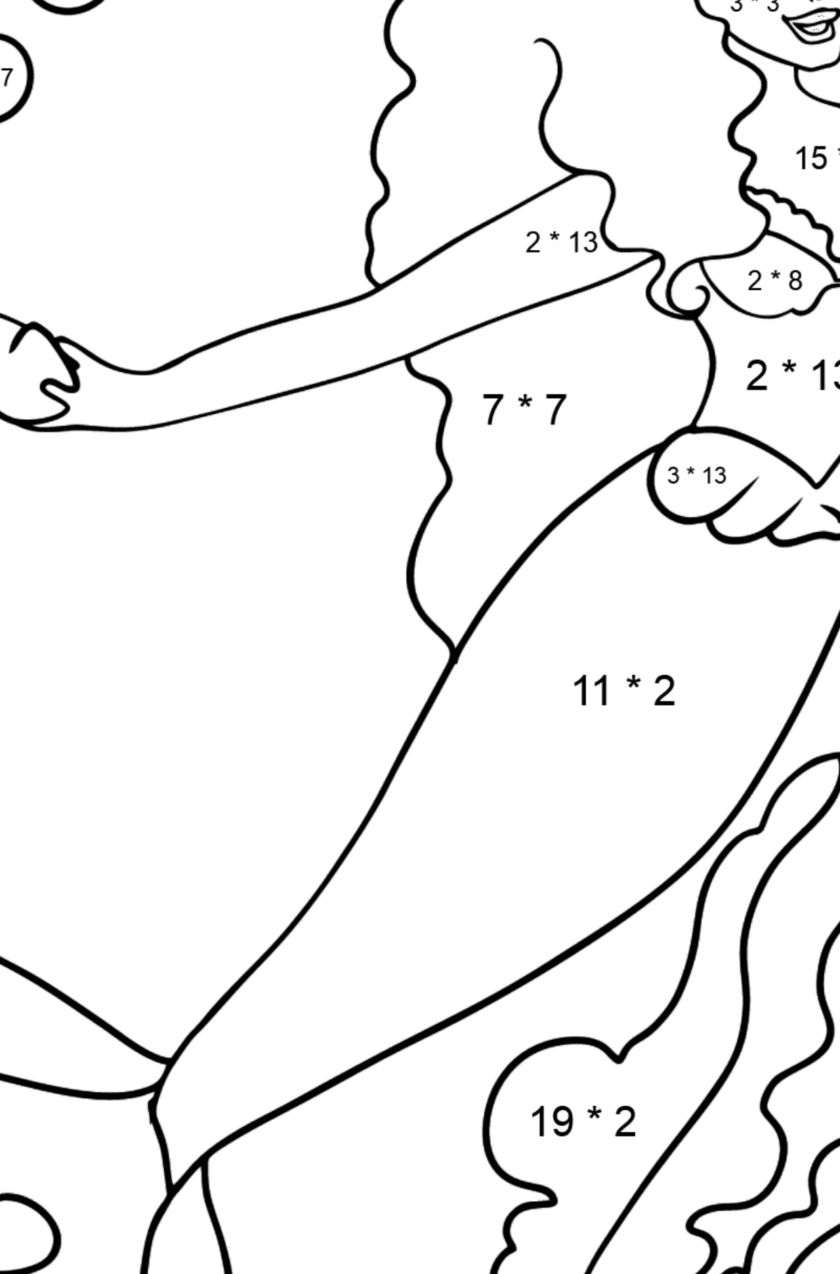 Coloring Page Mermaid and two crabs - Math Coloring - Multiplication for Kids