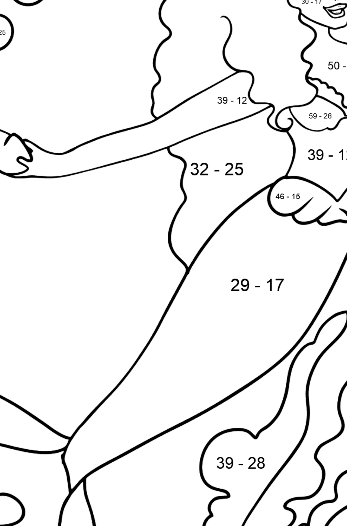 Coloring Page Mermaid and two crabs - Math Coloring - Subtraction for Kids