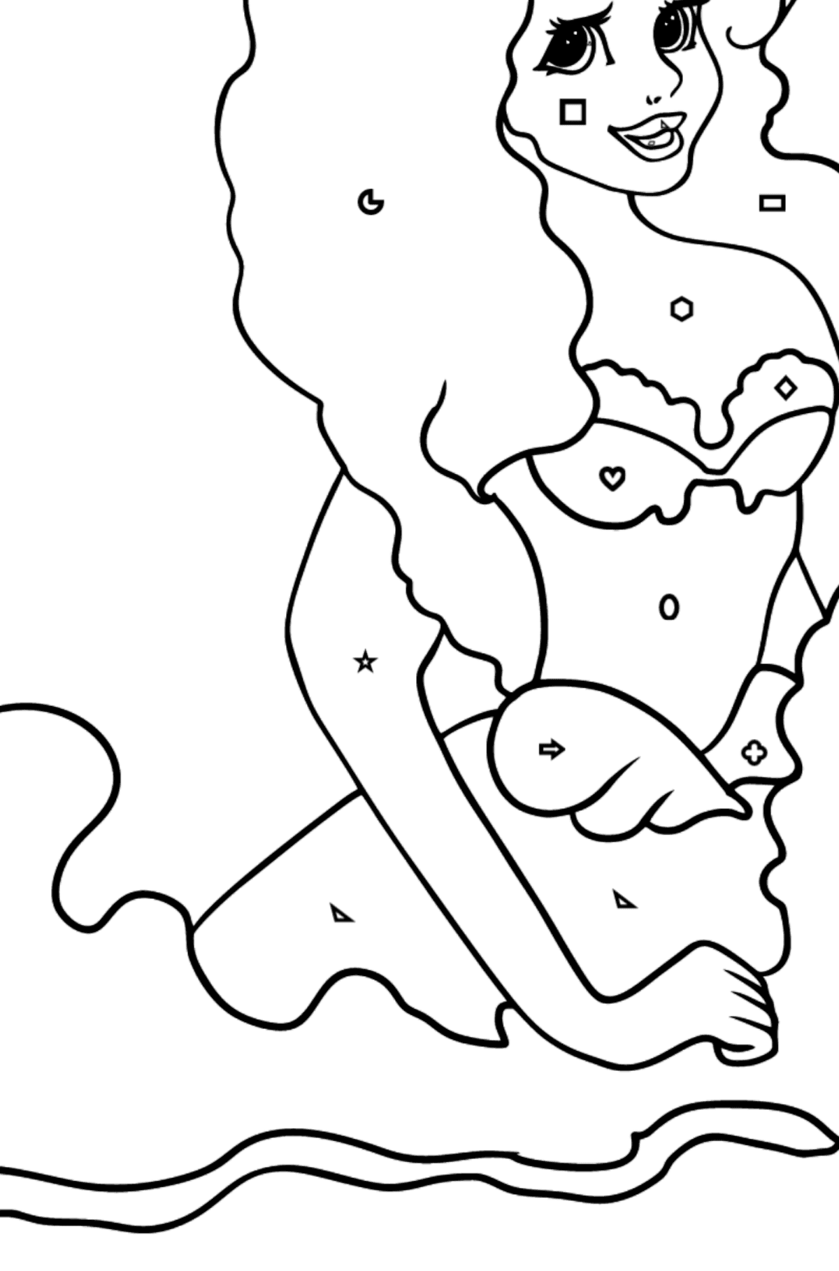 Coloring Page Mermaid on the waves - Coloring by Geometric Shapes for Kids