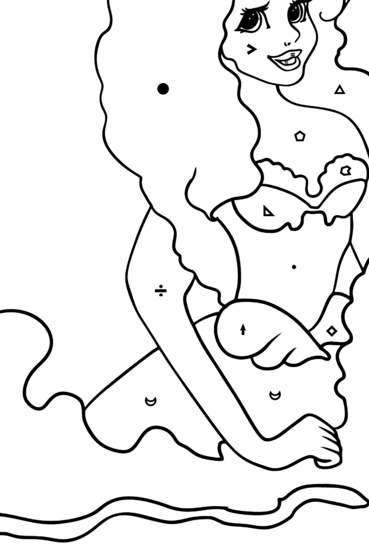 Coloring Page Mermaid on the waves - Coloring by Symbols and Geometric Shapes for Kids