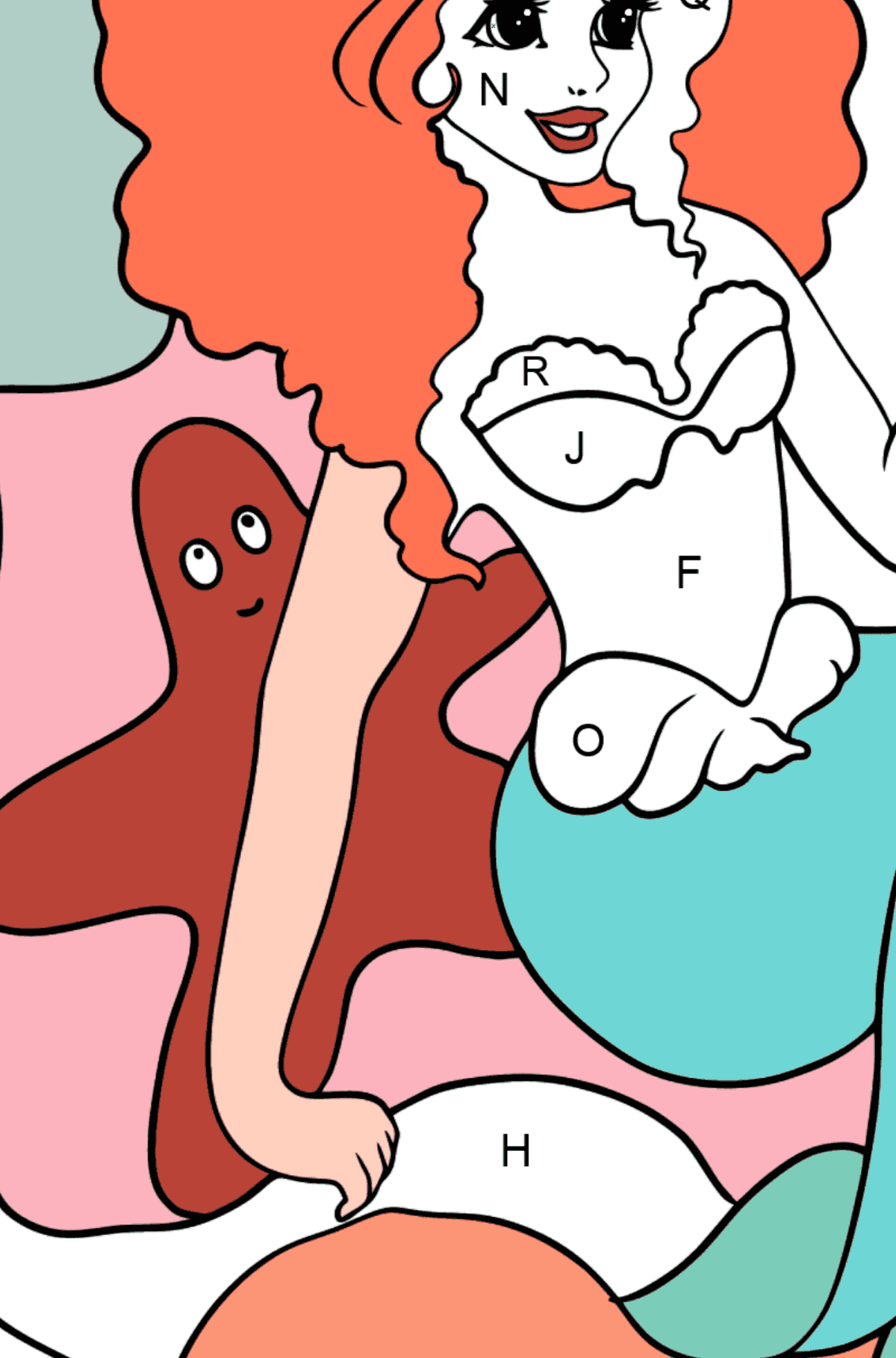 Desenho para colorir Sereia com coroa - Colorir por Letras para Crianças