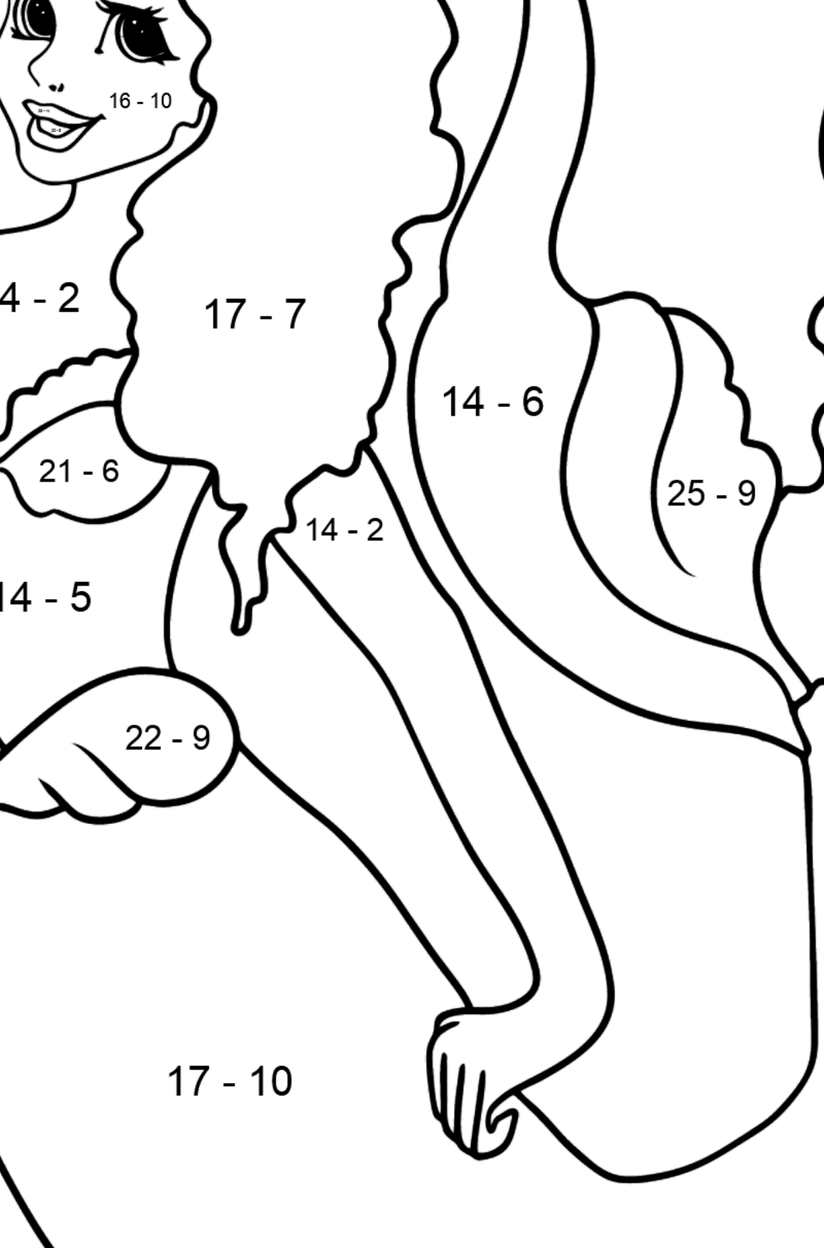 Coloring Page Mermaid with green tail - Math Coloring - Subtraction for Kids