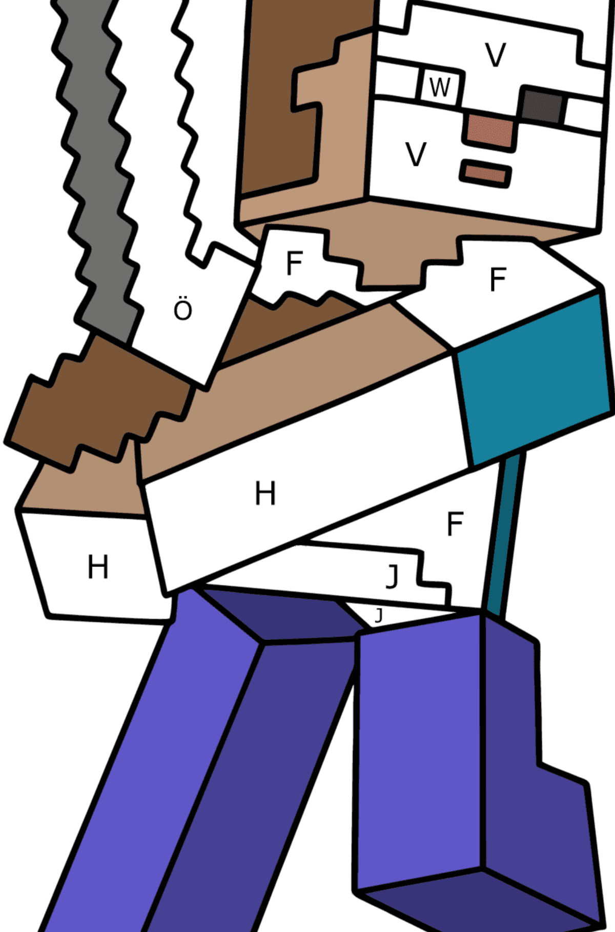 Värityskuva Minecraft Steve - Väritys Kirjaimien mukaan lapsille