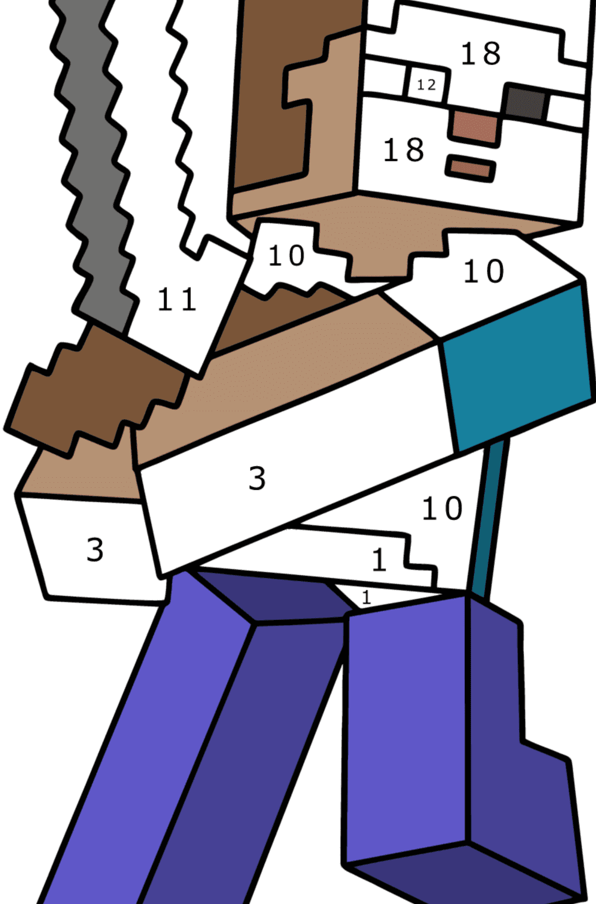 Värityskuva Minecraft Steve - Väritys numeroiden mukaan lapsille