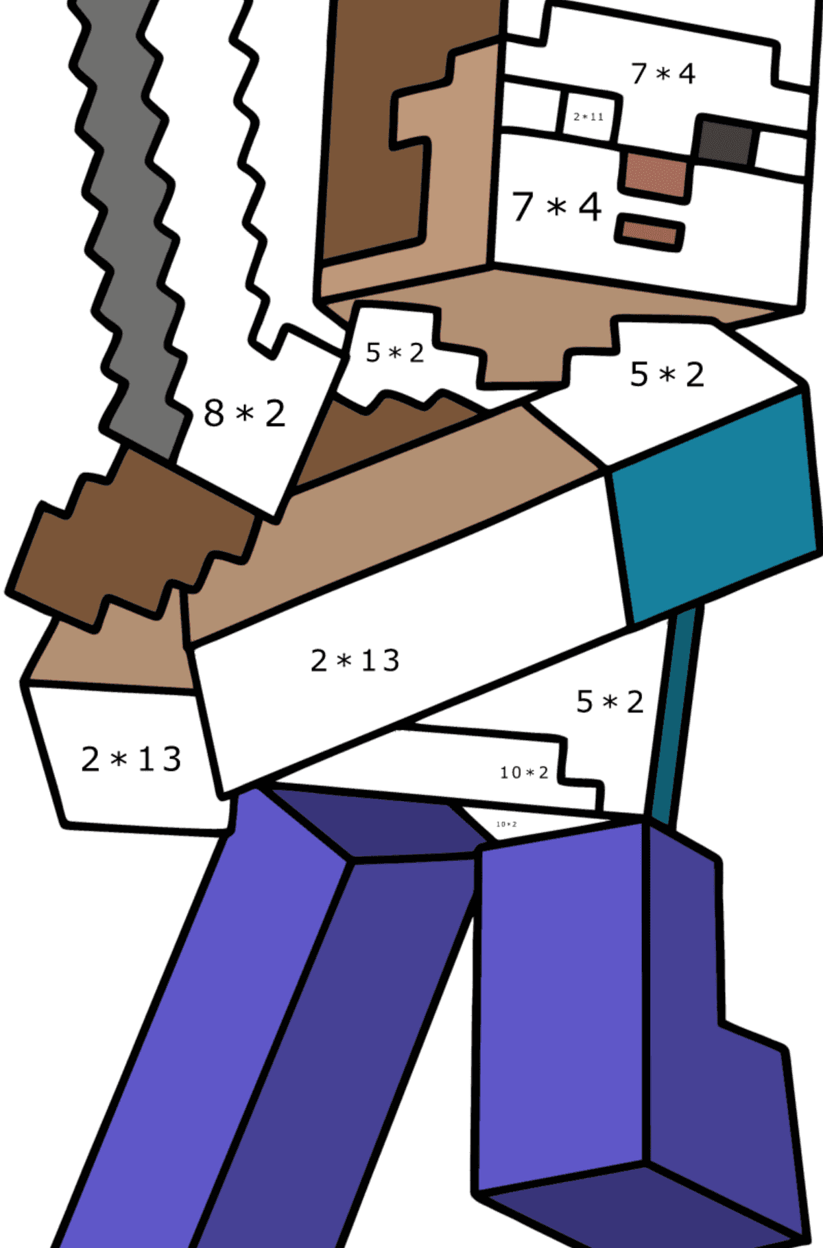 Omalovánka Minecraft Steve - Matematická Omalovánka - Násobení pro děti