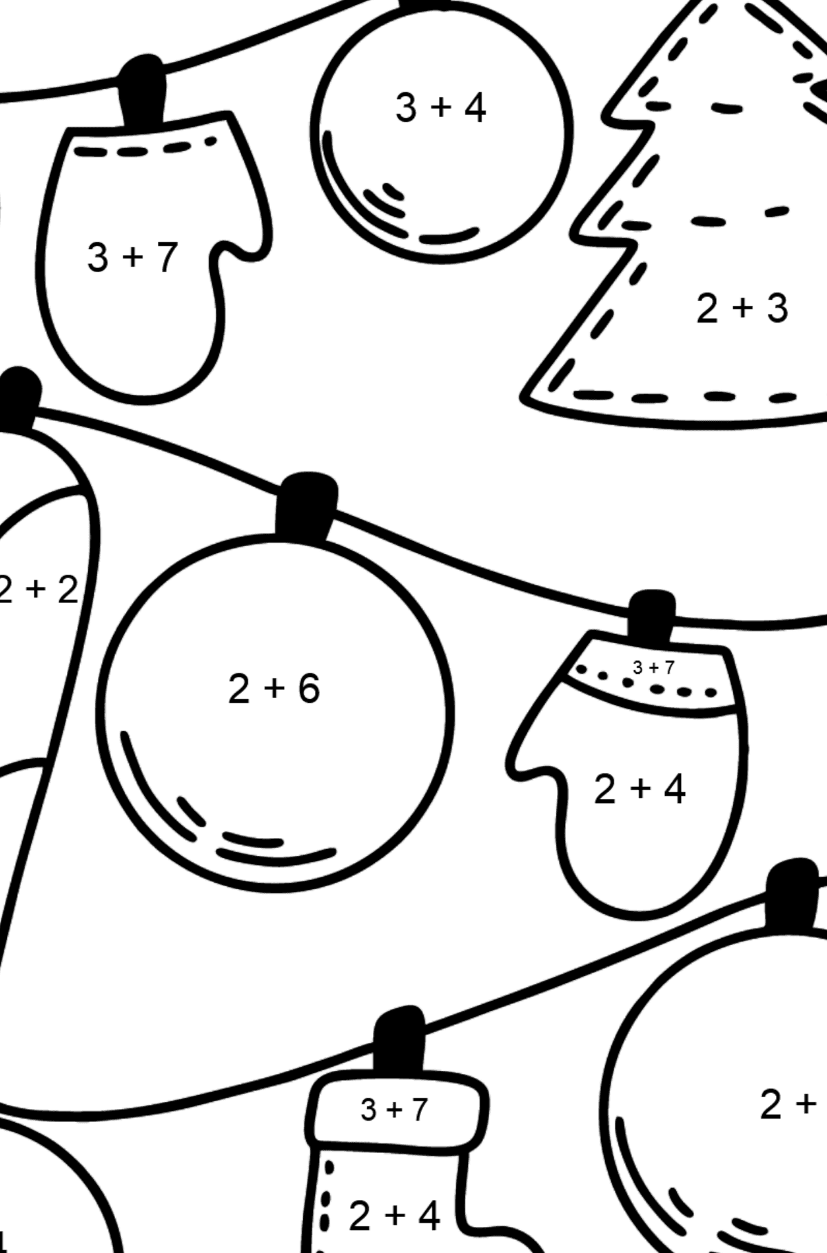 Розмальовка Різдвяна гірлянда - Математична Розмальовка Додавання для дітей