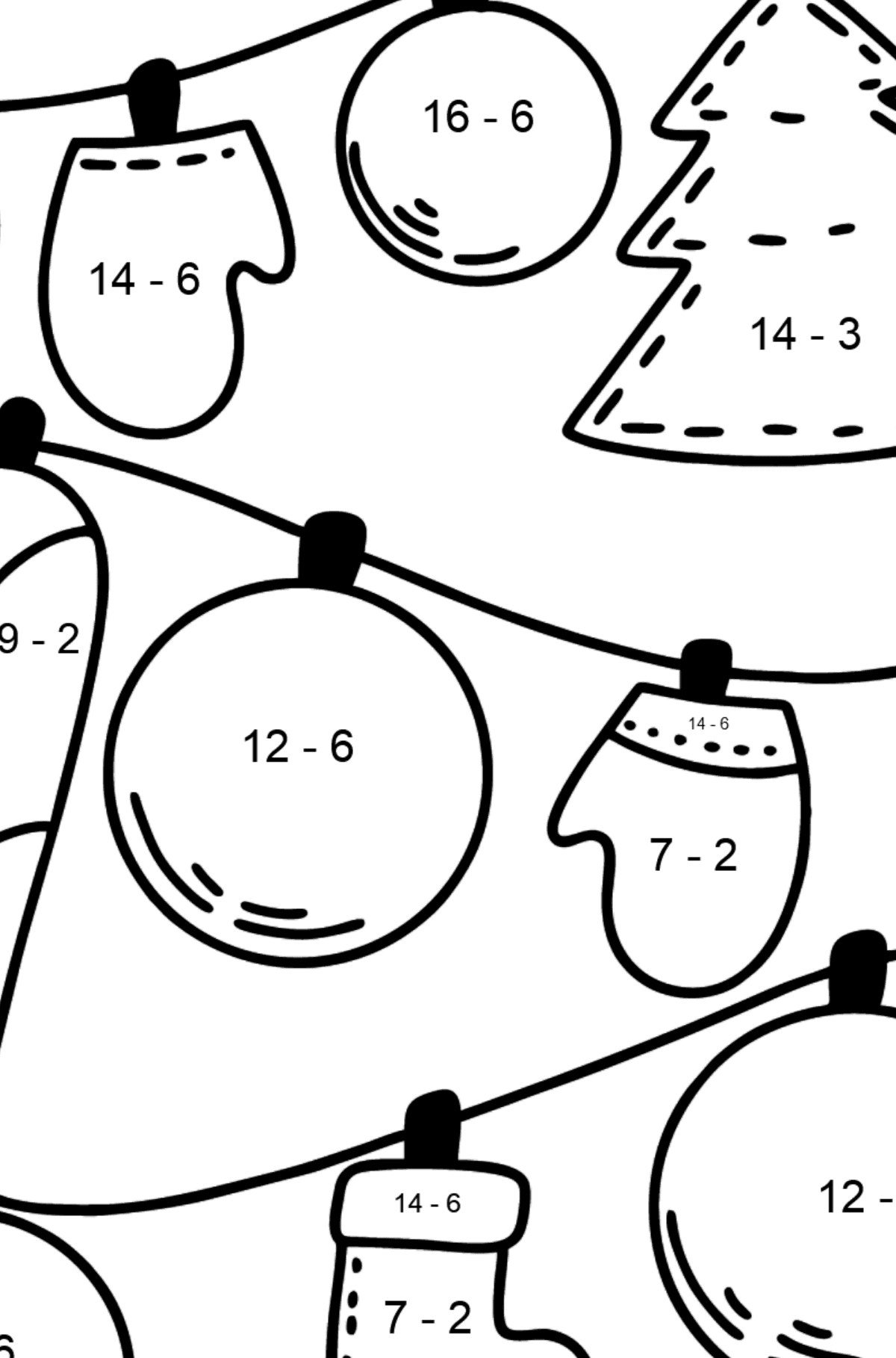 Christmas garland coloring page - Math Coloring - Subtraction for Kids