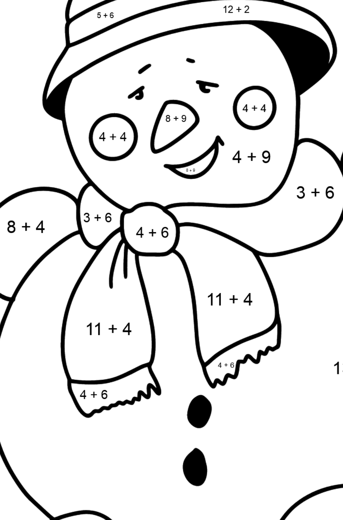 Dibujo para colorear de muñeco de nieve feliz - Colorear con Matemáticas - Sumas para Niños