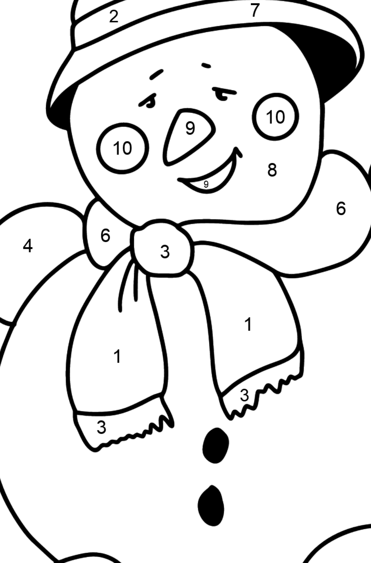 Mewarnai gambar manusia salju yang bahagia - Pewarnaan mengikuti Nomor untuk anak-anak