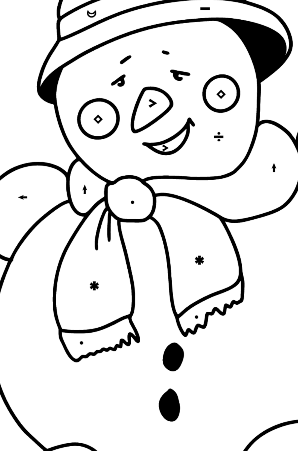 Dibujo para colorear de muñeco de nieve feliz - Colorear por Símbolos para Niños