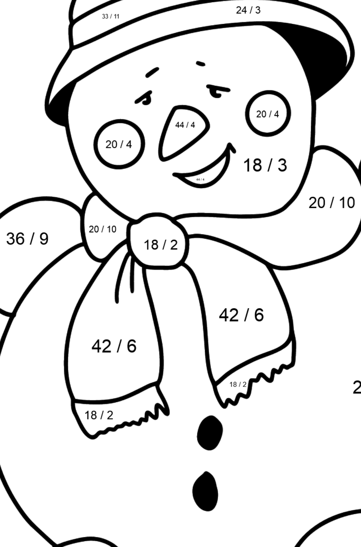 Mewarnai gambar manusia salju yang bahagia - Pewarnaan Matematika: Pembagian untuk anak-anak