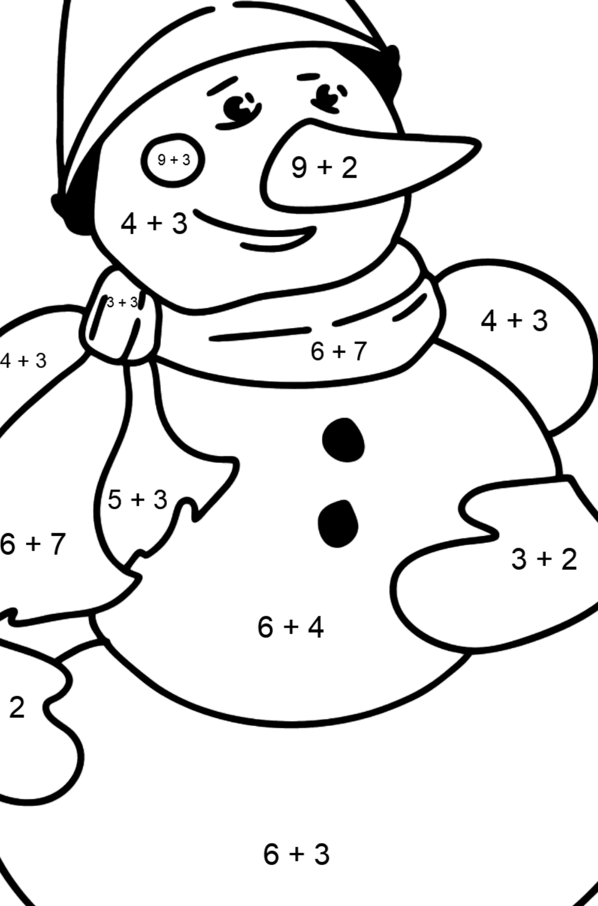 Dibujo de muñeco de nieve para colorear - Colorear con Matemáticas - Sumas para Niños