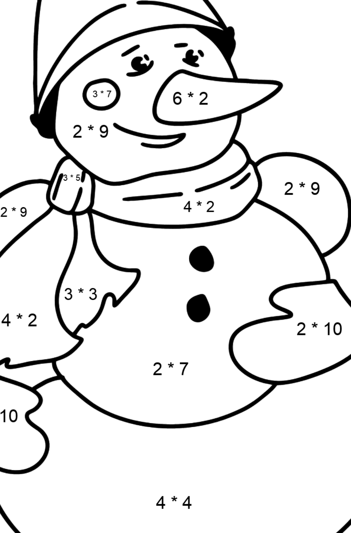Dibujo de muñeco de nieve para colorear - Colorear con Matemáticas - Multiplicaciones para Niños