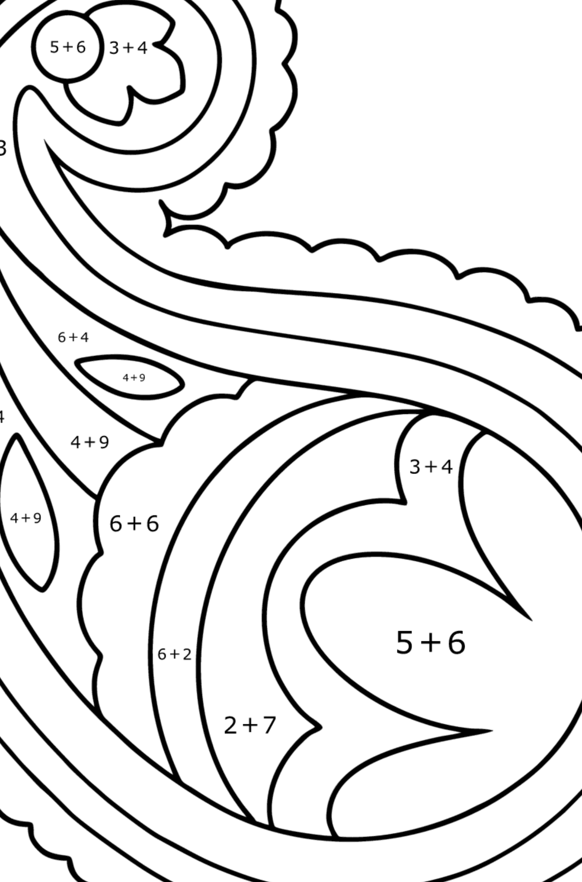 Ausmalbild Paisley - 16 Elemente - Mathe Ausmalbilder - Addition für Kinder