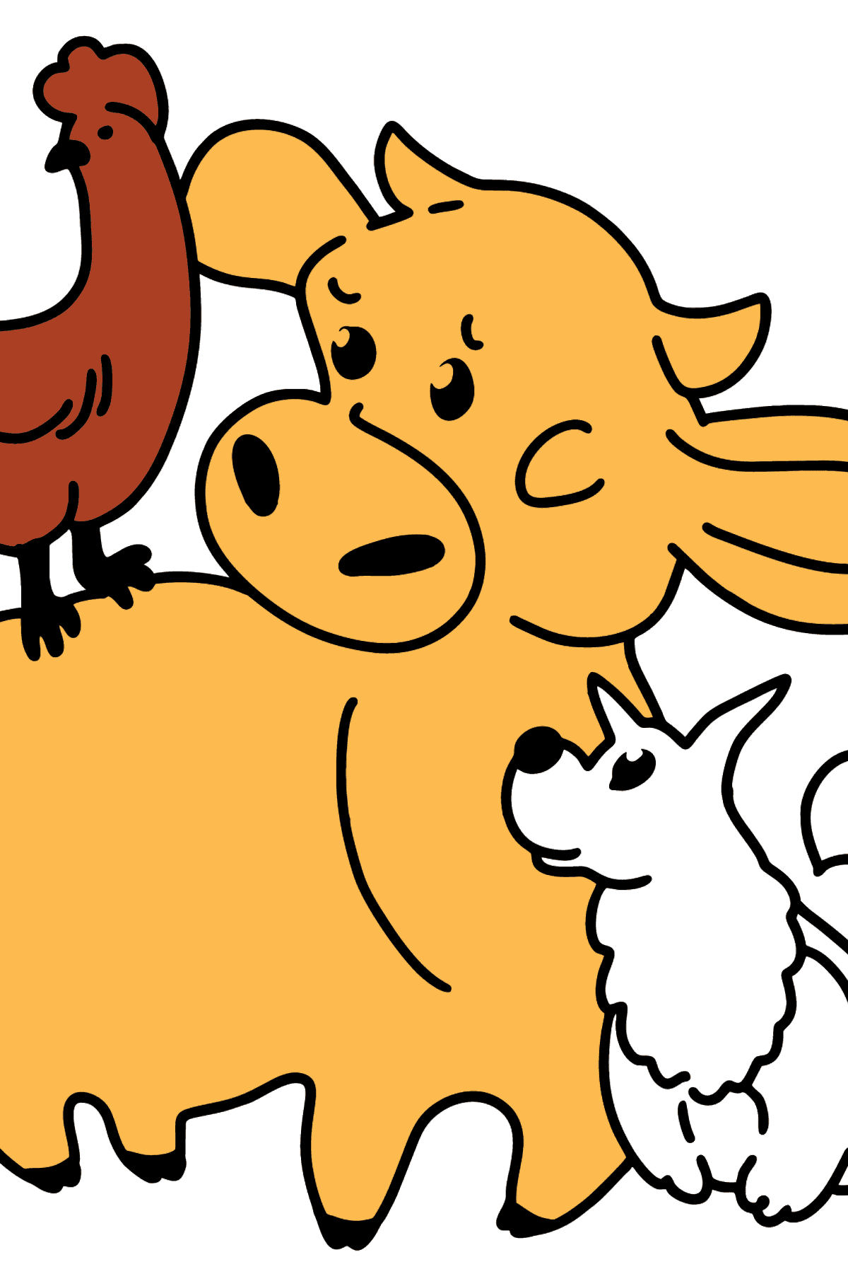 Coloring page: calf, chicken, and dog - Coloring Pages for Kids