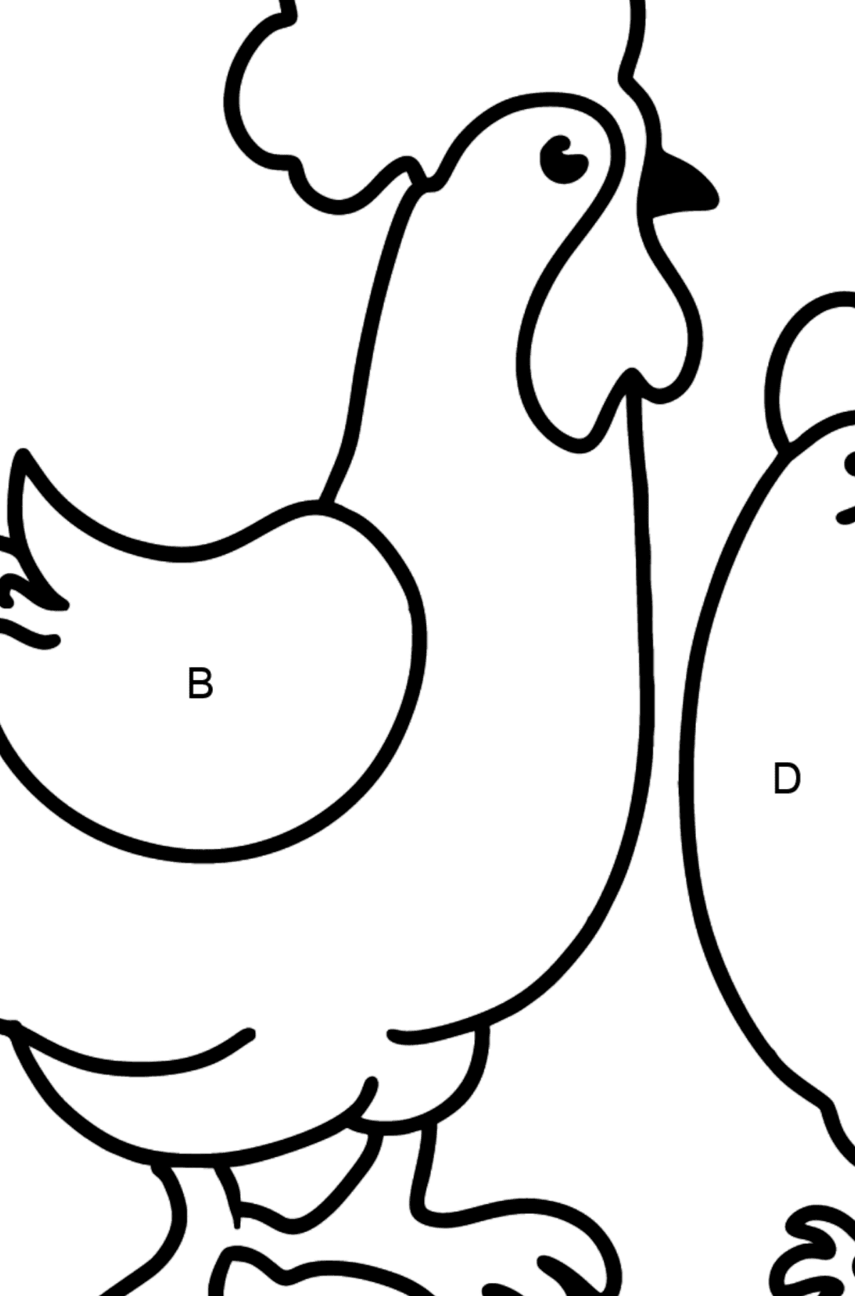 Dibujo de Gallo y gallina para colorear - Colorear por Letras para Niños