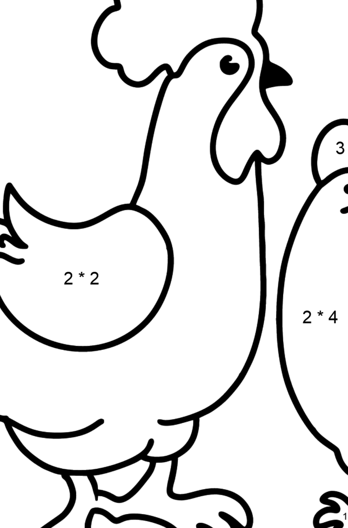 Tegning til farvning hane og høne - Matematisk farvelægning side -- Multiplikation for børn