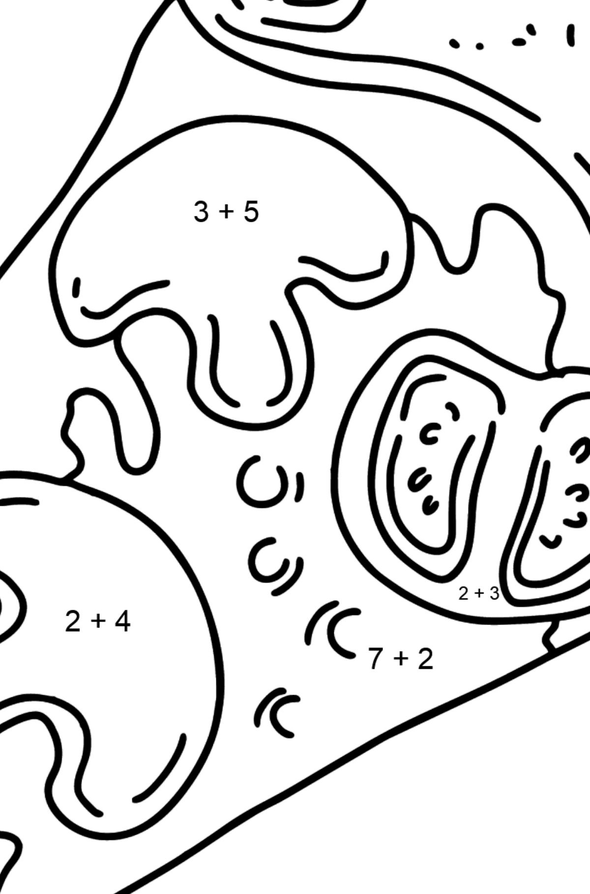 Розмальовка Піца з грибами та помідорами - Математична Розмальовка Додавання для дітей