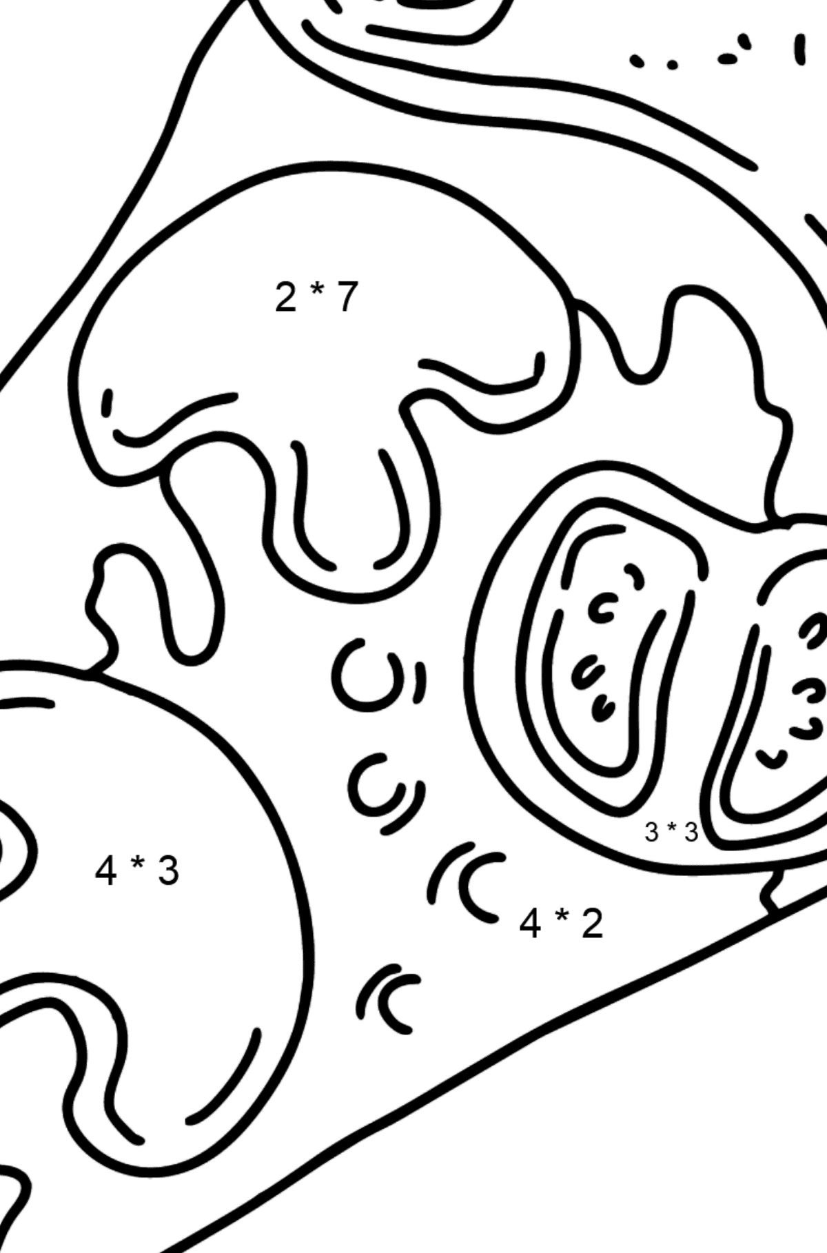 Розмальовка Піца з грибами та помідорами - Математична Розмальовка Множення для дітей