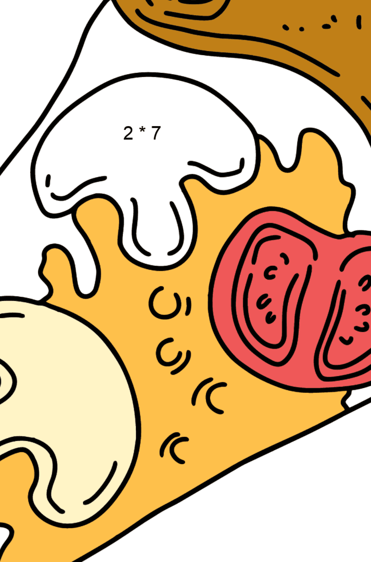 Desenho para colorir - pizza com cogumelos e tomates - Colorindo com Matemática - Multiplicação para Crianças