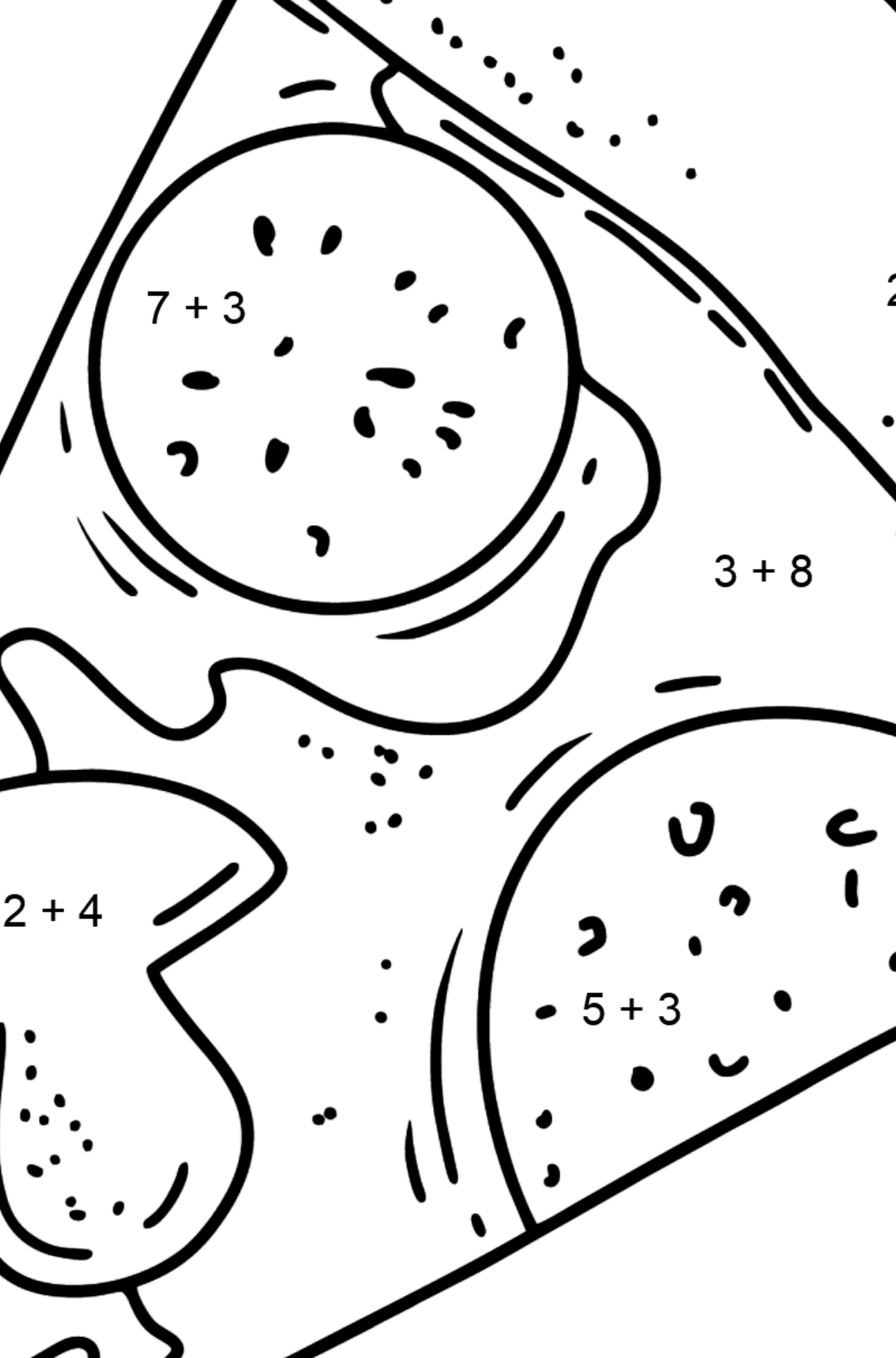 Розмальовка Піца з салямі та гриби - Математична Розмальовка Додавання для дітей