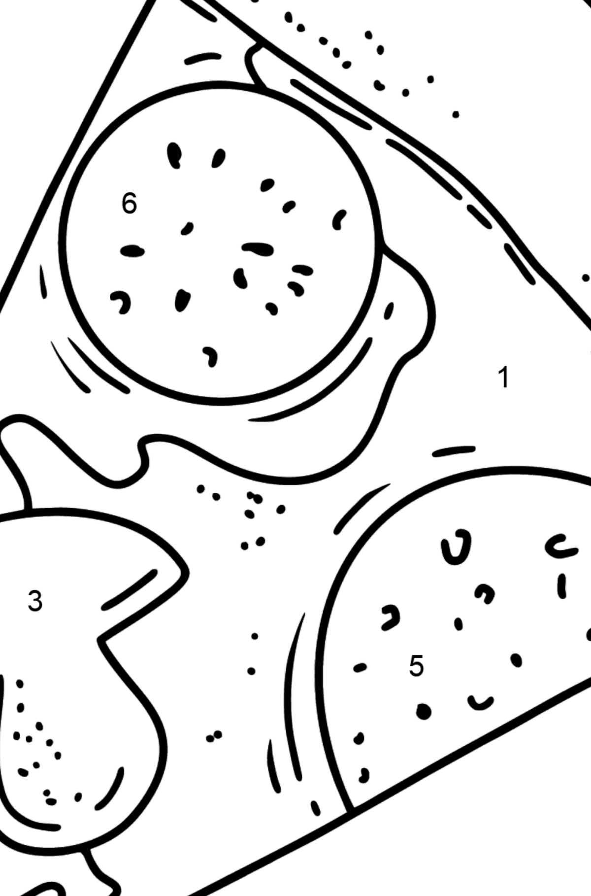 Salami Pizza und Pilze Ausmalbild - Malen nach Zahlen für Kinder