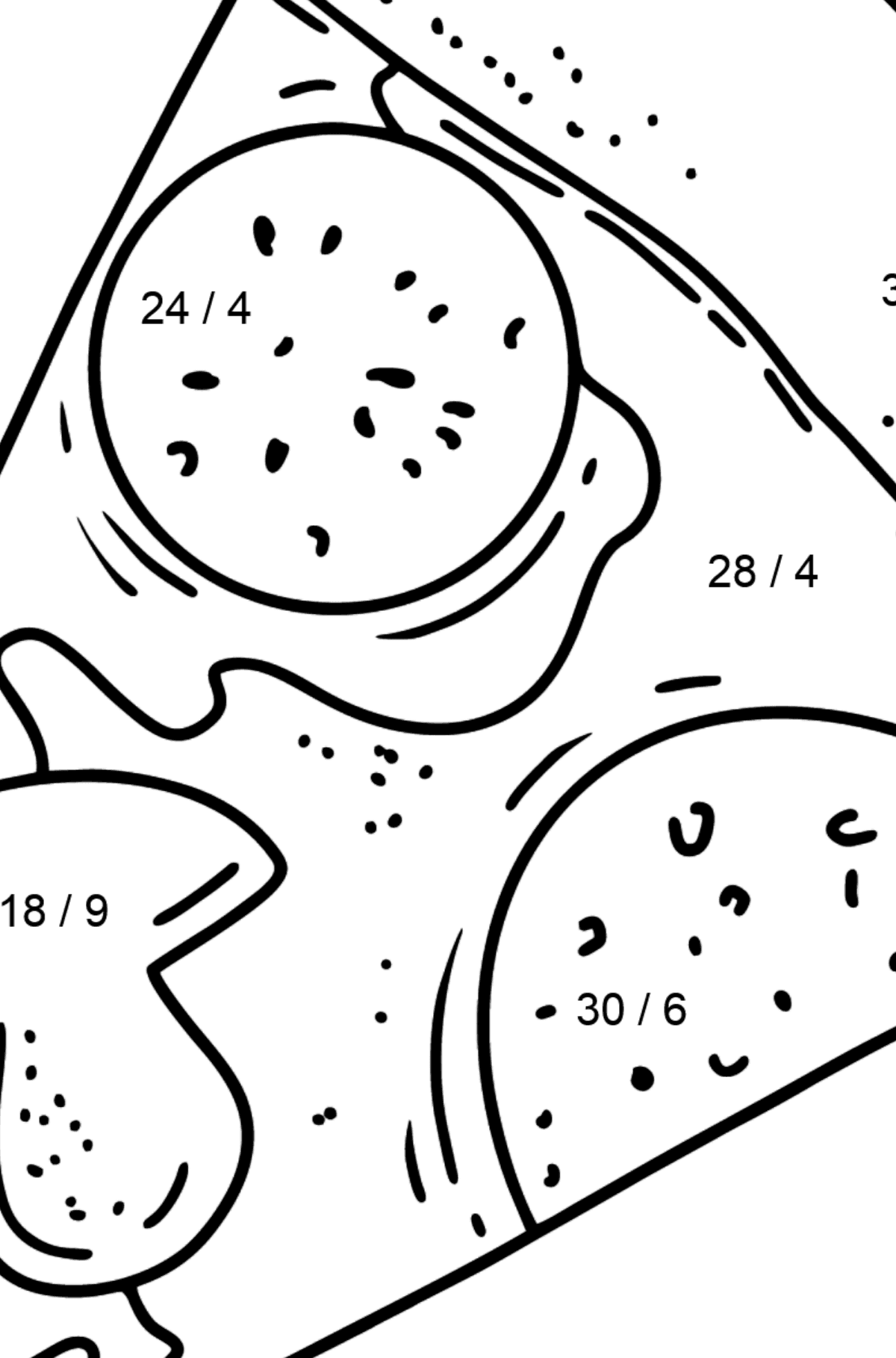 Розмальовка Піца з салямі та гриби - Математична Розмальовка Ділення для дітей
