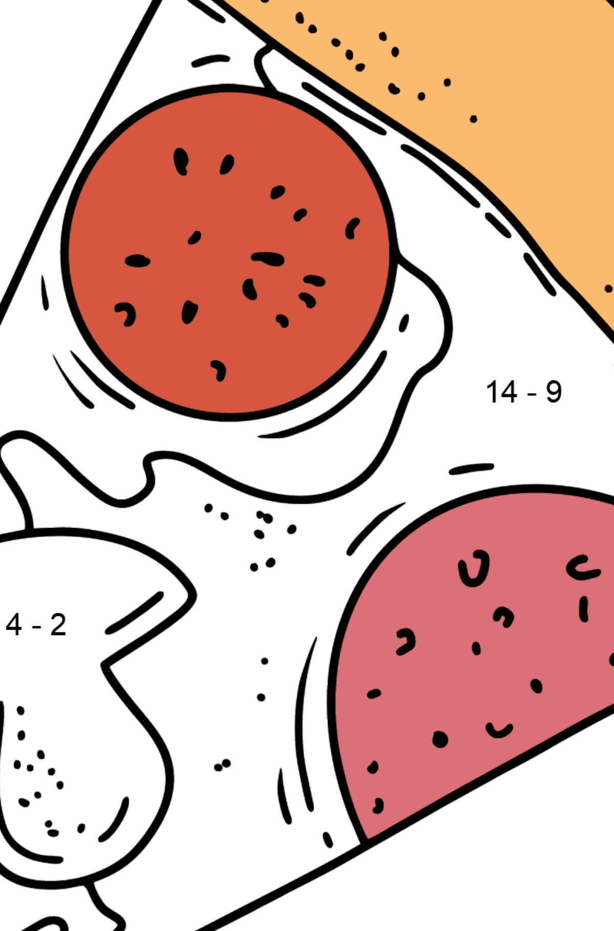 Раскраска пицца салями и грибы - Математическая Раскраска - Вычитание для Детей