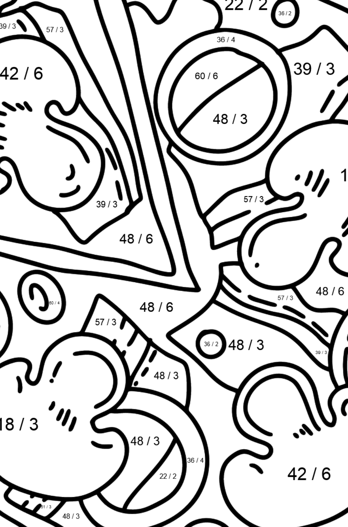 Раскраска пицца с грибами - Математическая Раскраска - Деление для Детей