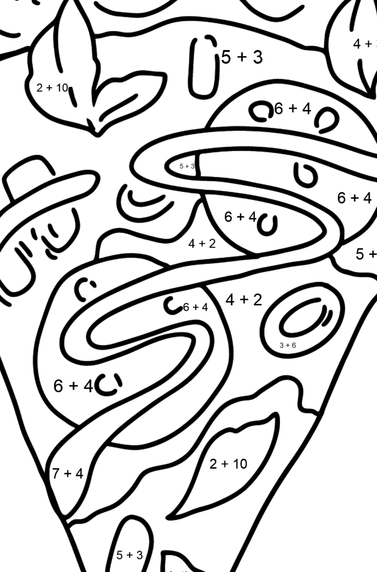 Ausmalbild Salami-Pizza - Mathe Ausmalbilder - Addition für Kinder