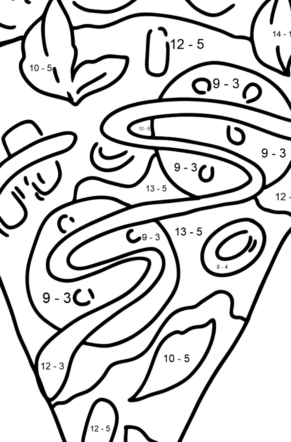 Ausmalbild Salami-Pizza - Mathe Ausmalbilder - Subtraktion für Kinder