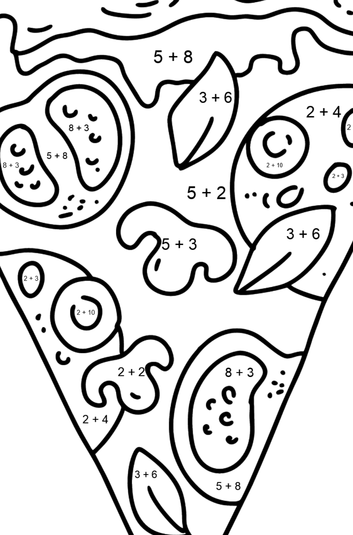 Ausmalbild Pizza mit Tomaten und Pilzen - Mathe Ausmalbilder - Addition für Kinder