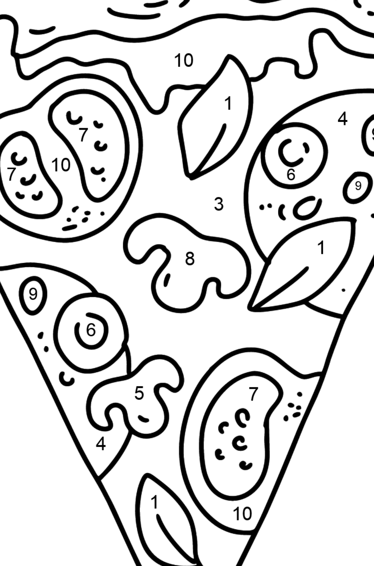 Ausmalbild Pizza mit Tomaten und Pilzen - Malen nach Zahlen für Kinder