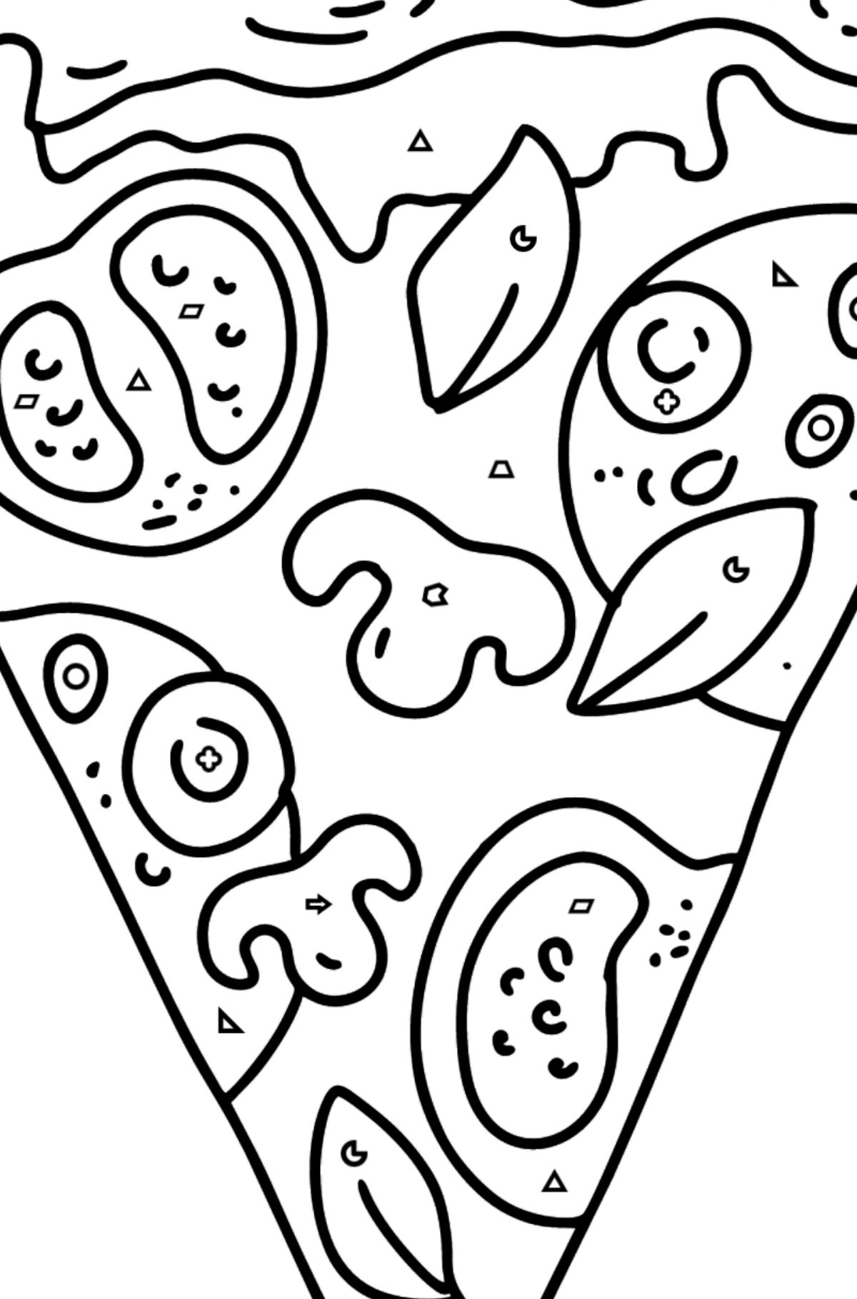 Ausmalbild Pizza mit Tomaten und Pilzen - Ausmalen nach Geometrischen Formen für Kinder