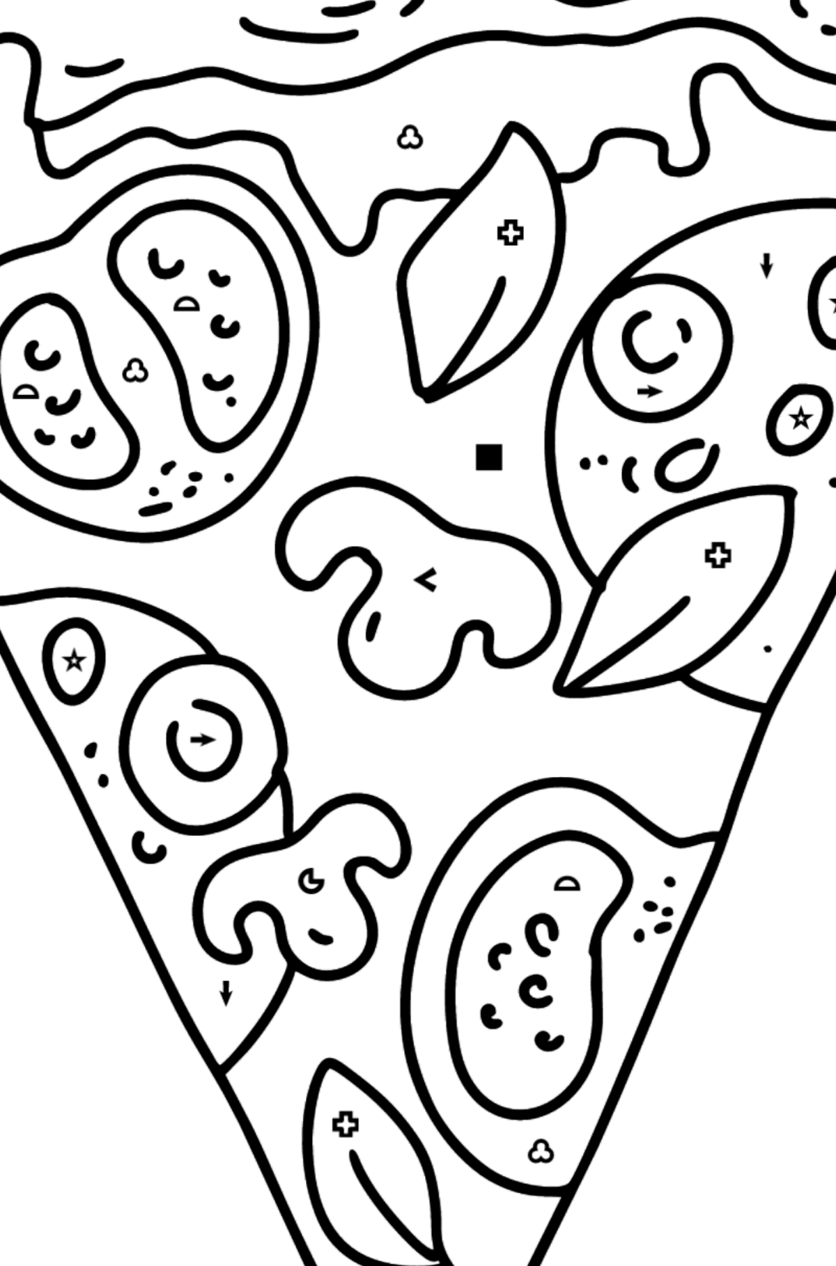 Ausmalbild Pizza mit Tomaten und Pilzen - Ausmalen nach Symbolen für Kinder