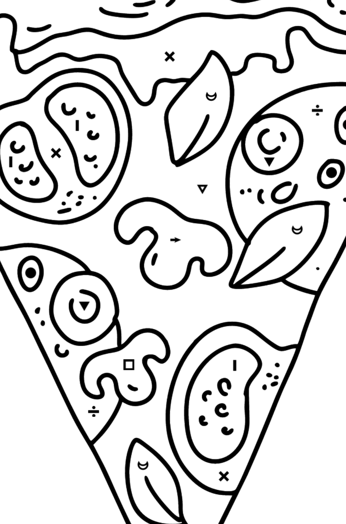 Ausmalbild Pizza mit Tomaten und Pilzen - Ausmalen nach Symbolen für Kinder