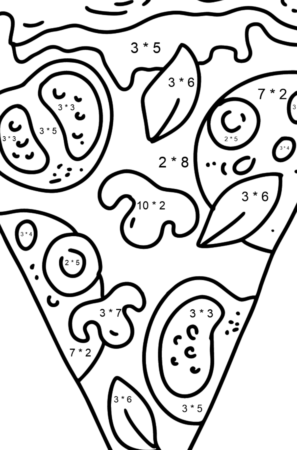 Ausmalbild Pizza mit Tomaten und Pilzen - Mathe Ausmalbilder - Multiplikation für Kinder