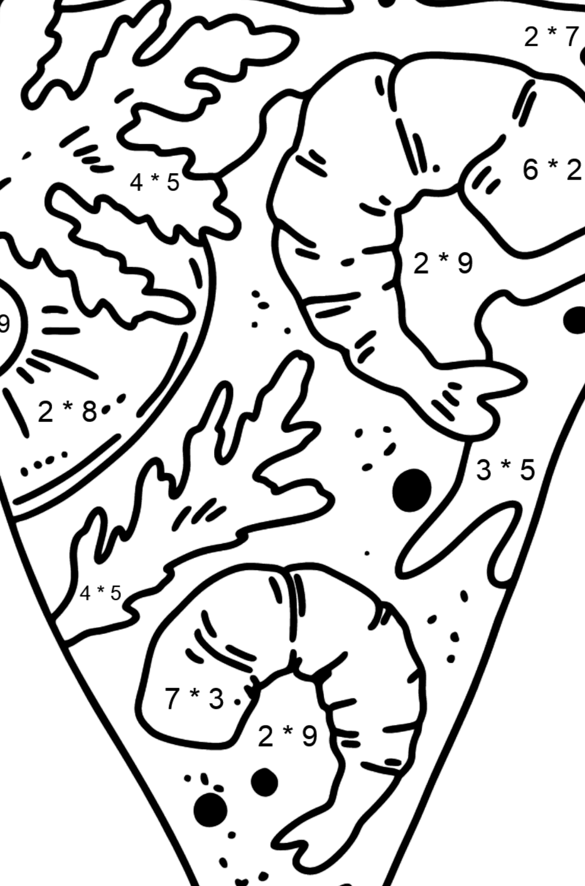 Ausmalbild Garnelenpizza - Mathe Ausmalbilder - Multiplikation für Kinder