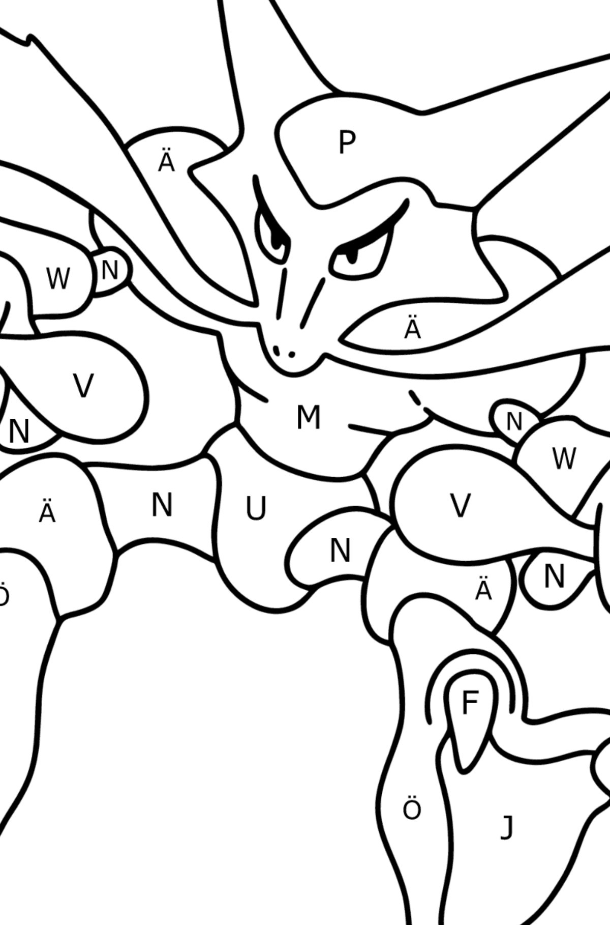 Ausmalbild Pokemon Go Alakazam - Ausmalen nach Buchstaben für Kinder