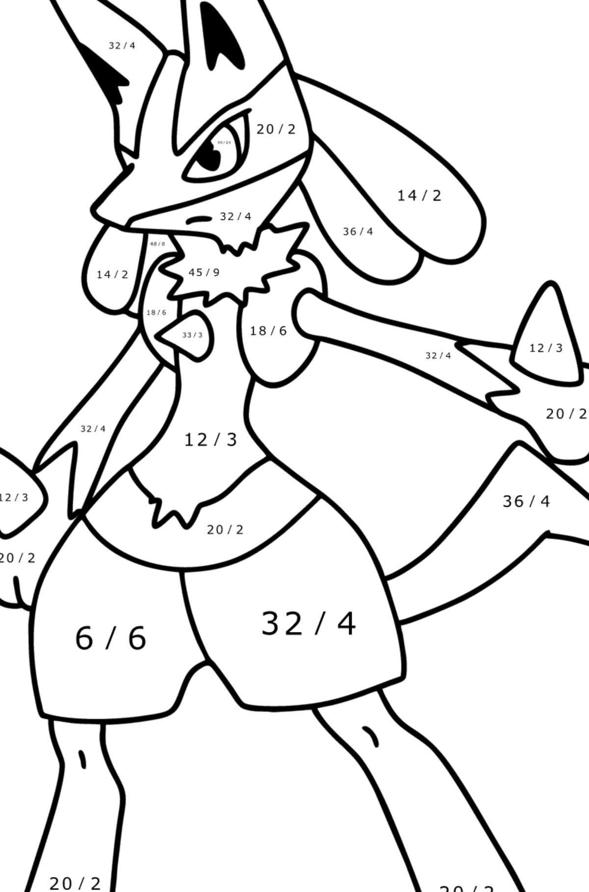 Розмальовка Pokemon Go Lucario - Математична Розмальовка Ділення для дітей